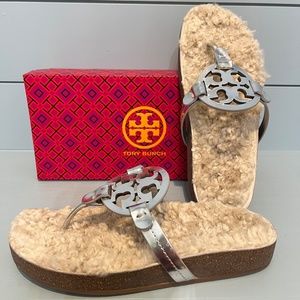 Tory Burch Miller Cloud Shearling Lined Sandals, Silver